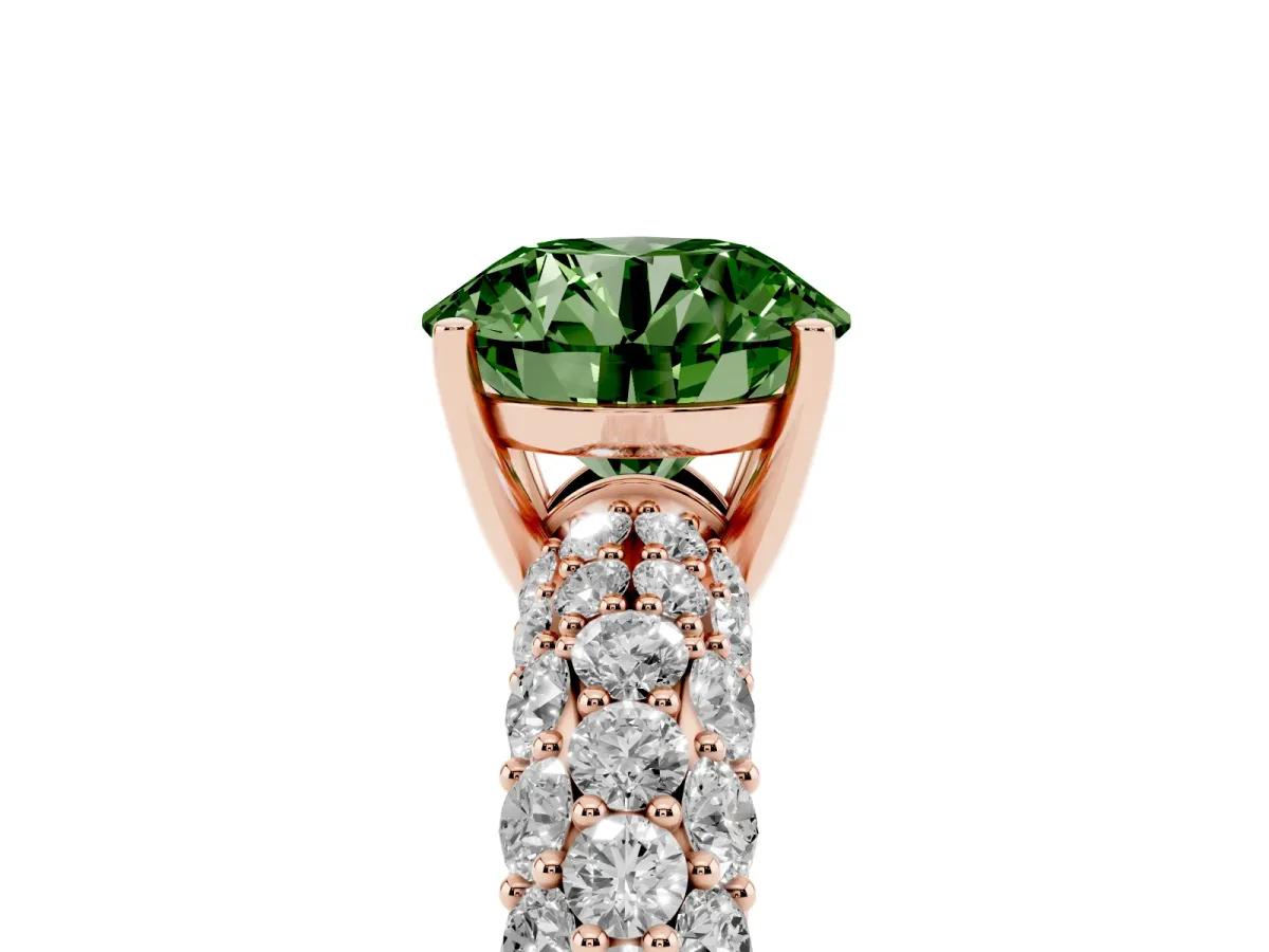 Fancy Green Round Cut Diamond Pavé Band Solitaire Ring with Four-Prong Setting Rose gold