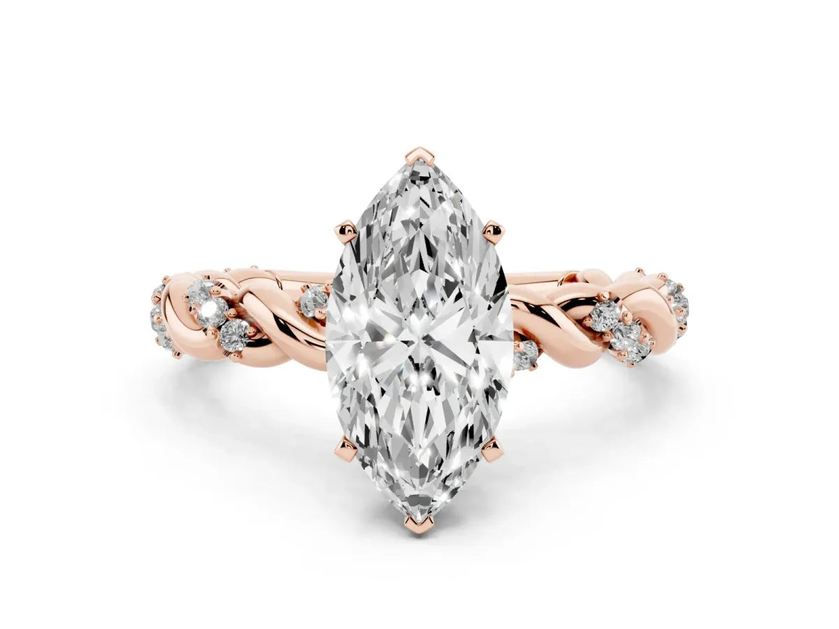 Marquise Cut Diamond Solitaire Ring with Twisted Band and Pavé Accents Rose gold