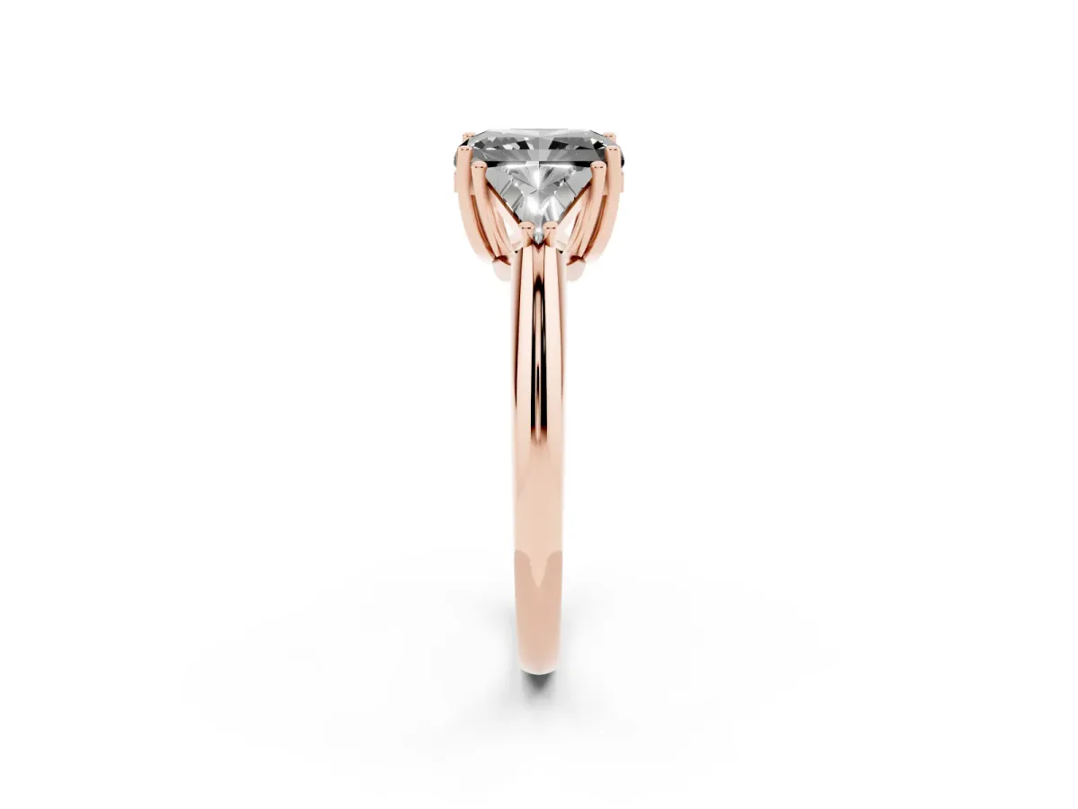 Fancy Black Three-Stone Radiant Cut Diamond Engagement Ring with Trillion Side Stones and Prong Setting Rose gold