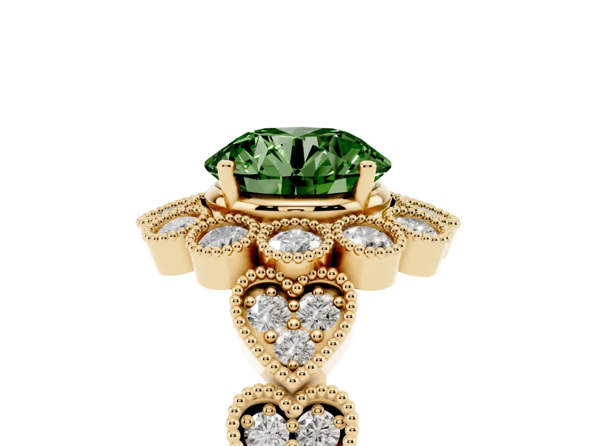 Fancy Green Round Cut Brilliant Milgrain Pave Heart Band Solitaire Ring Yellow gold