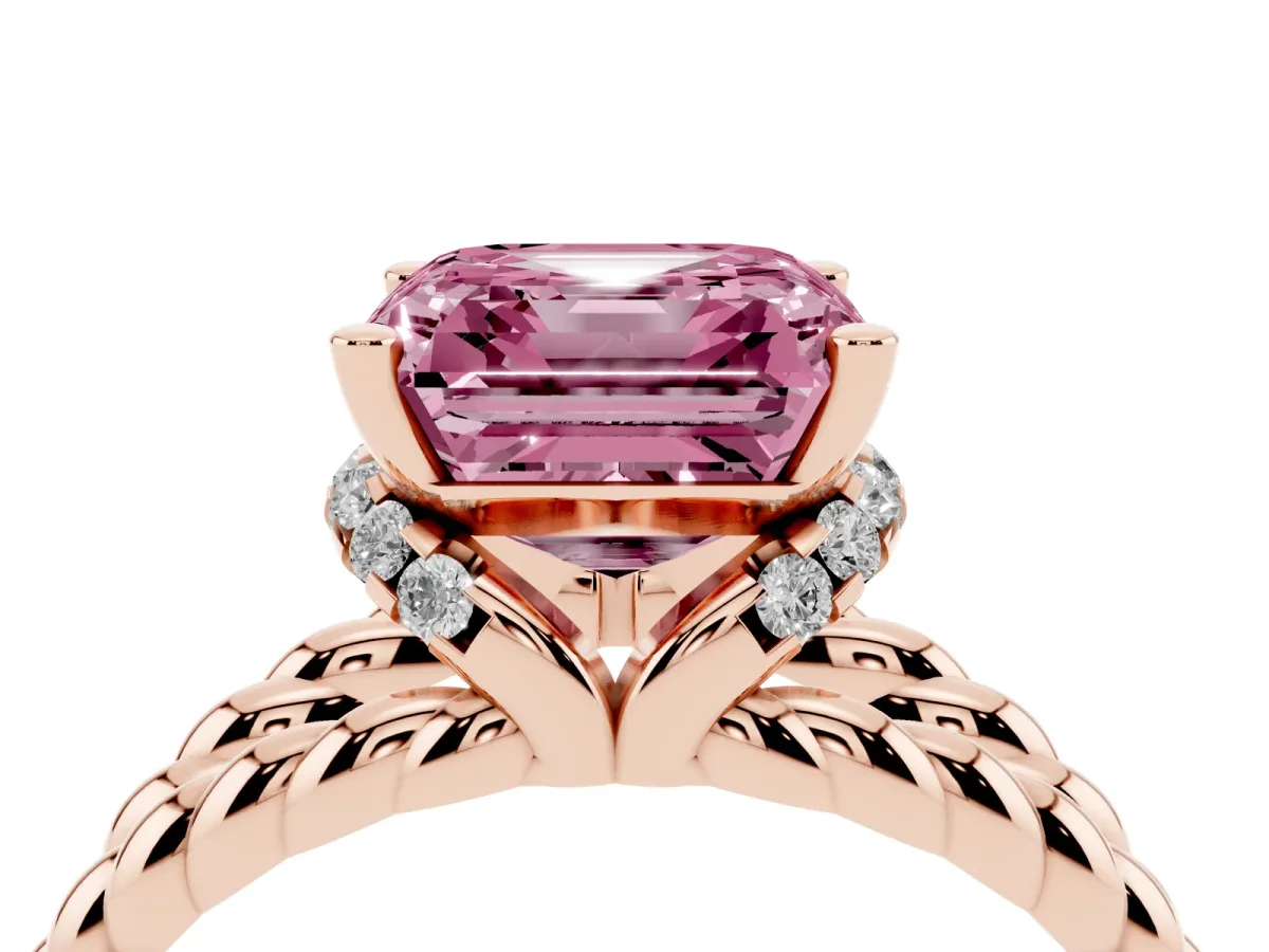 Fancy Pink Asscher Cut Halo Twisted Band Four-Prong Ring Rose gold