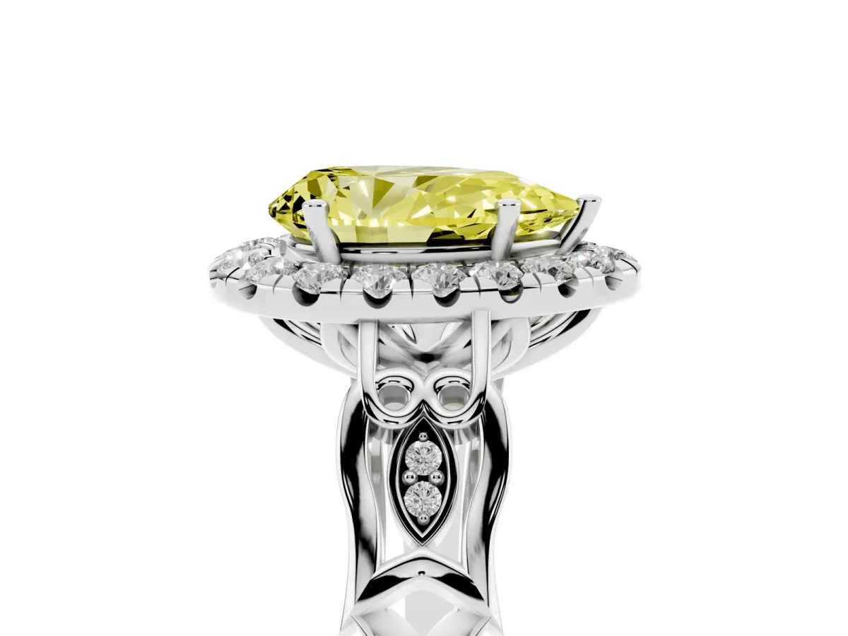 Fancy Yellow Pear Cut Halo Diamond Engagement Ring with Filigree Band and Four-Prong Setting White gold