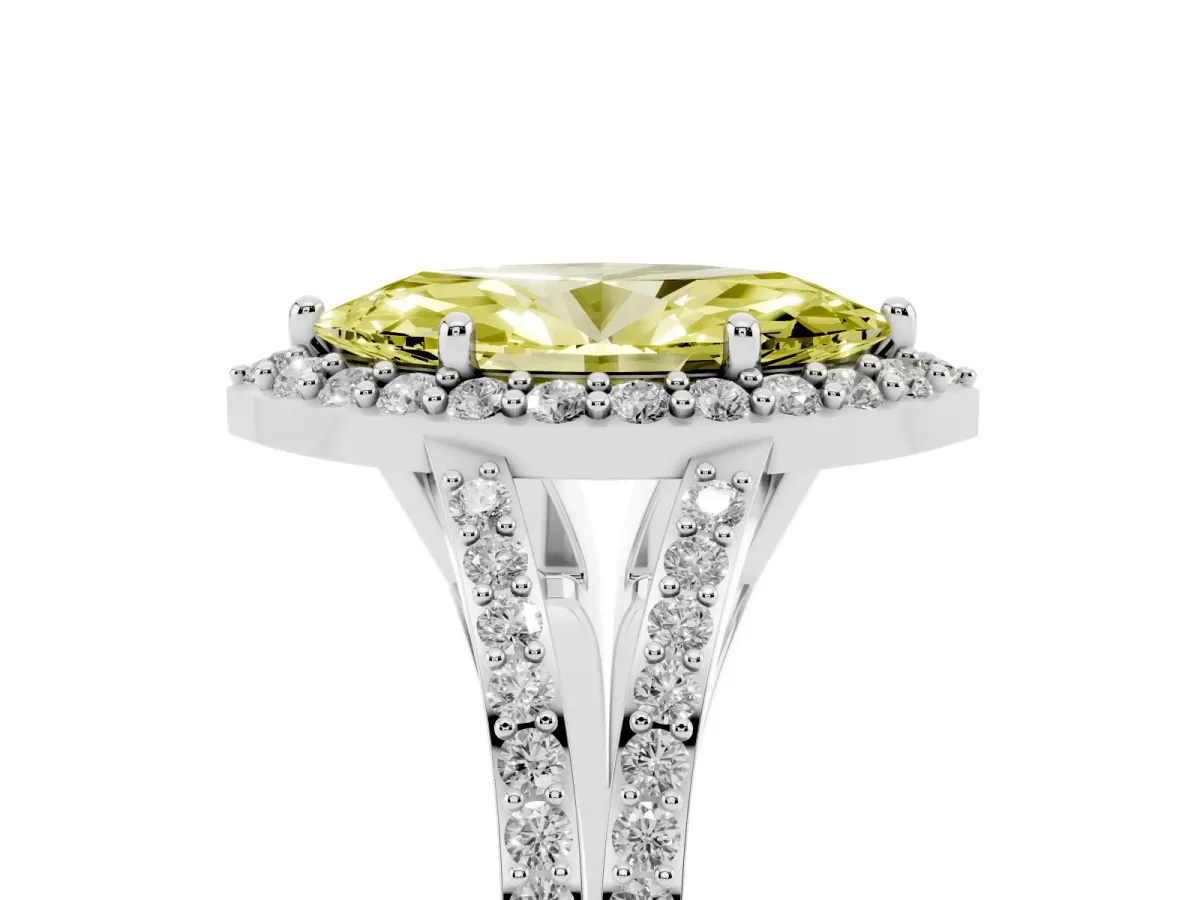 Fancy Yellow Marquise Cut Halo Split Shank Pave Diamond Ring with Four-Prong Setting Silver