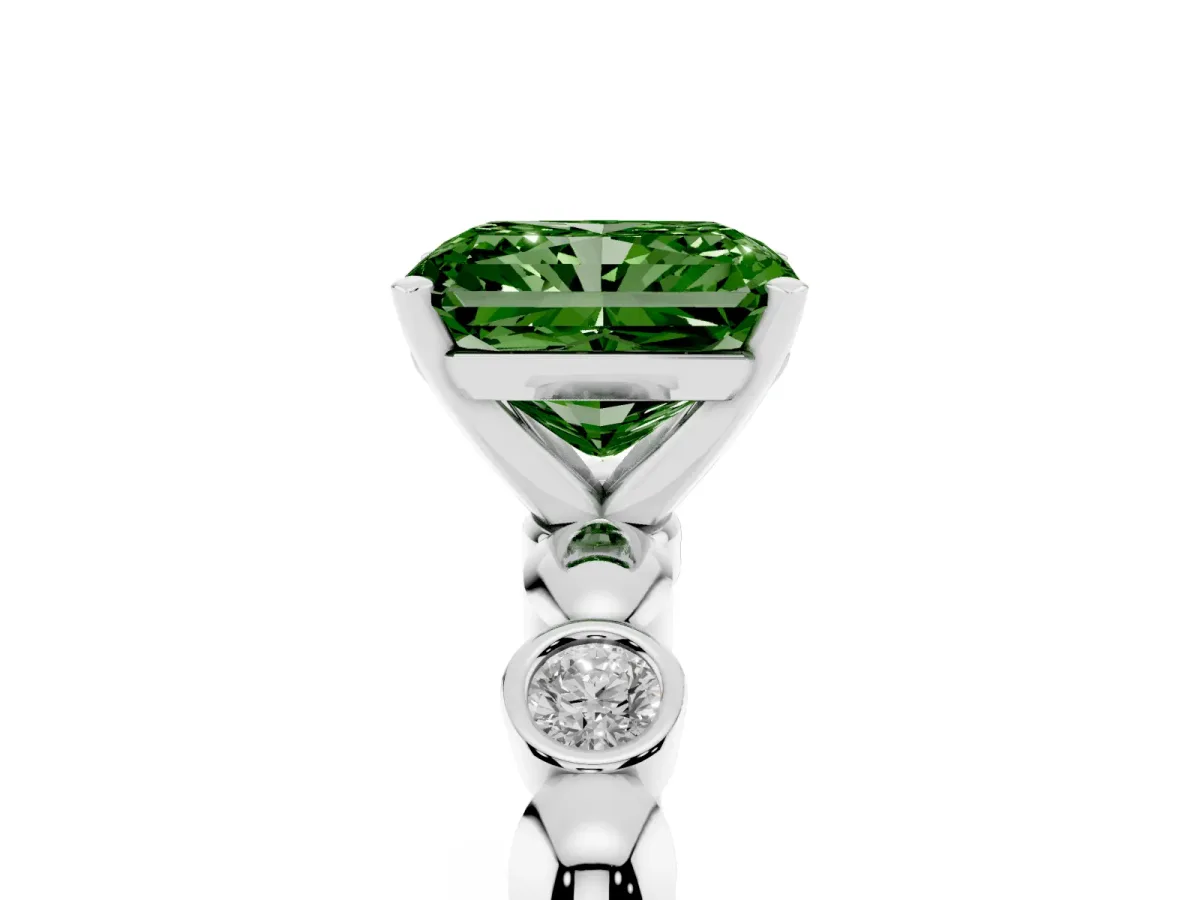 Fancy Green Radiant Cut Solitaire Bezel-Set Diamond Ring with Beaded Band and Four-Prong Setting Silver
