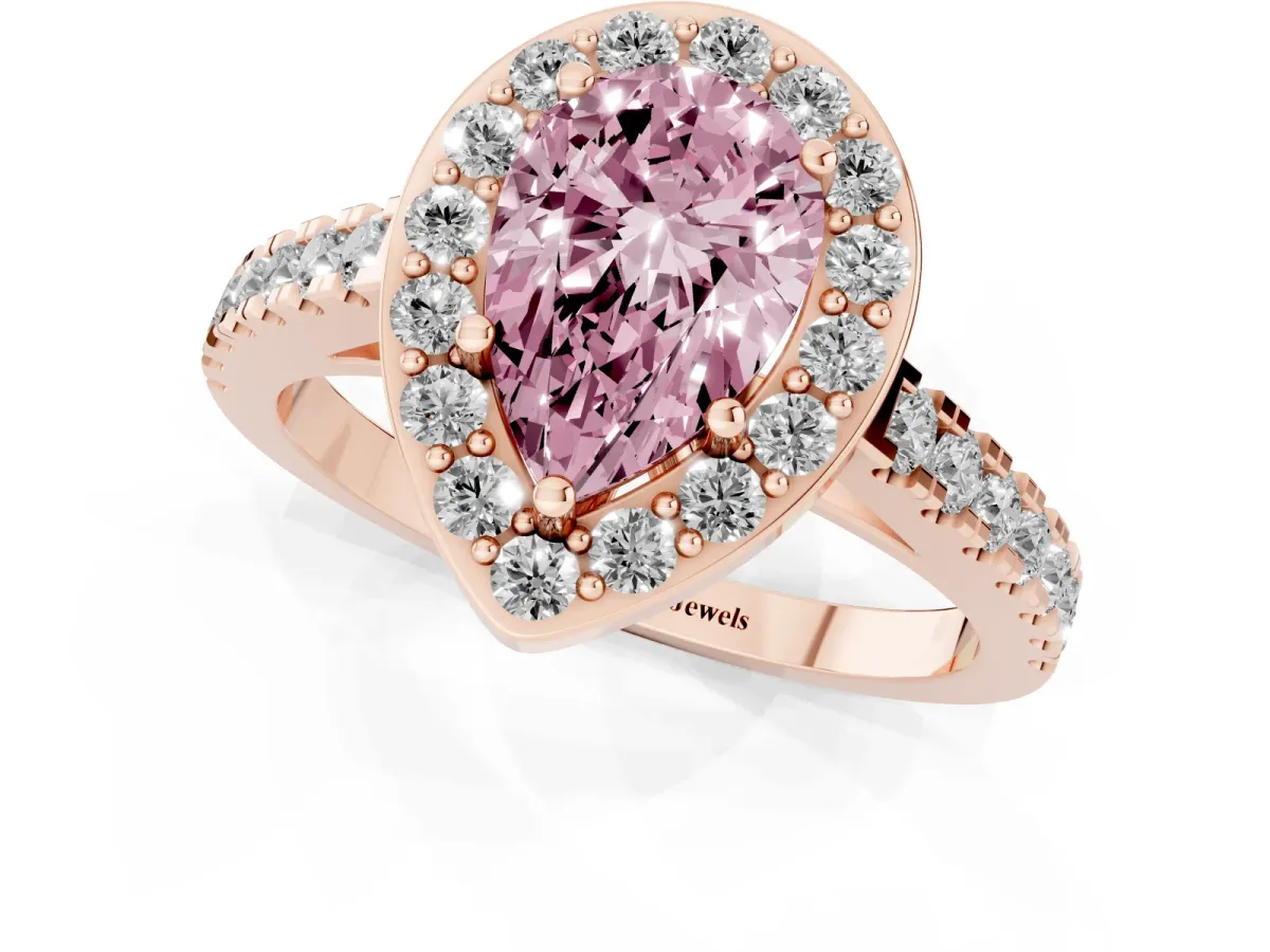 Fancy Pink Pear Cut Diamond Halo Ring with Round Pavé Split Shank and Prong Setting Rose gold