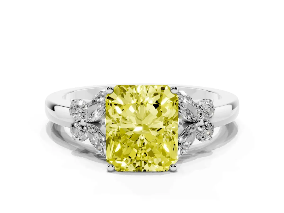 Fancy Yellow Radiant Cut Cut Solitaire Floral Diamond Ring with Four-Prong Setting Silver