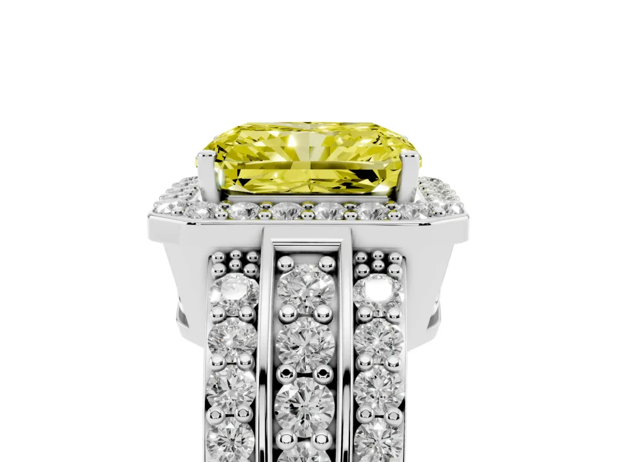 Fancy Yellow Radiant Cut Halo Diamond Ring with Round Split Shank and Prong Setting Silver