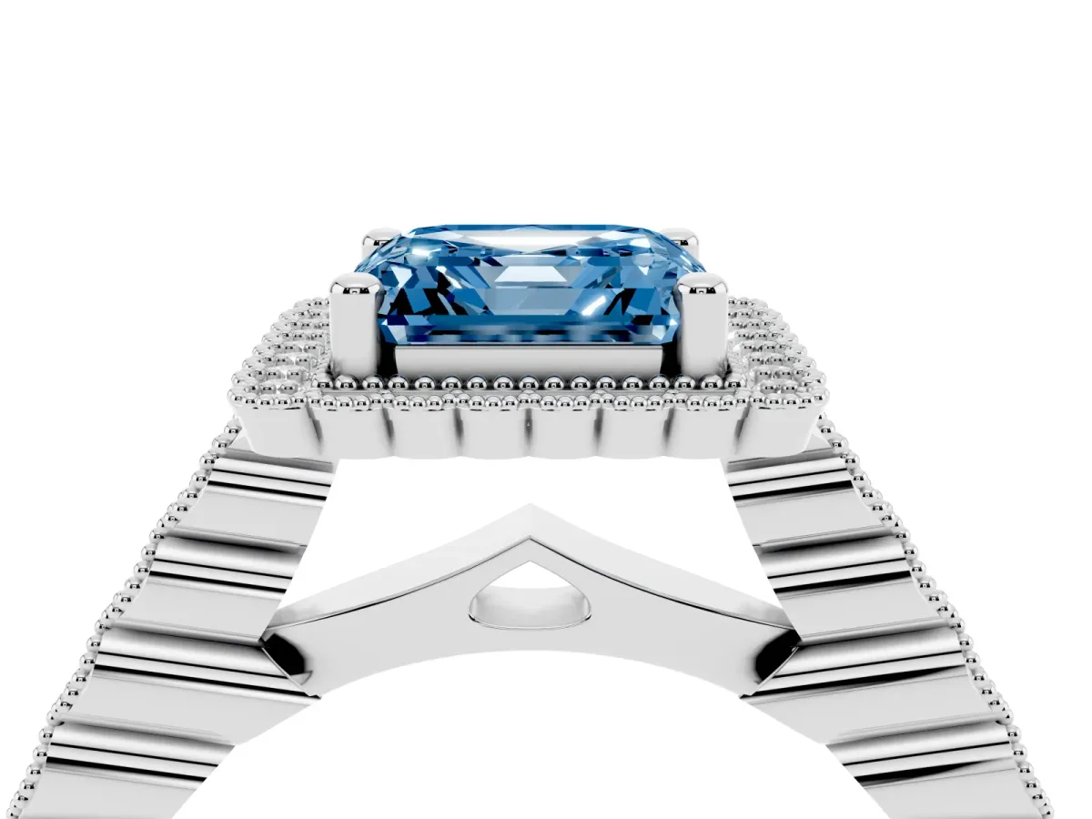 Fancy Blue Asscher Cut Cut Halo Pavé Solitaire Ring with Milgrain Band Platinum