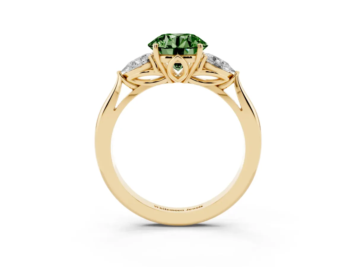 Fancy Green Three-Stone Round Cut Diamond Ring with Pear Side Stones in Four-Prong Setting Yellow gold