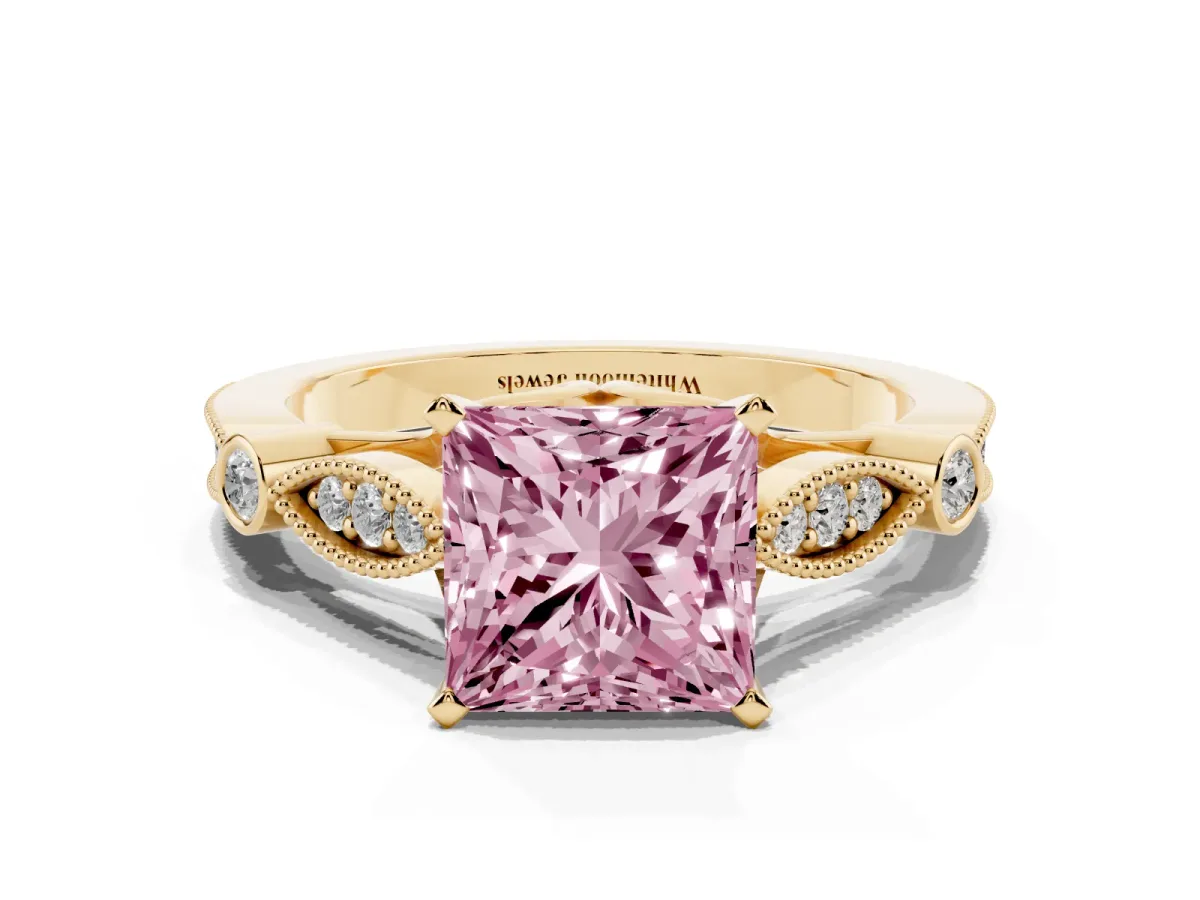 Fancy Pink Princess Cut Cut Diamond with Milgrain Marquise and Bezel Accents on a Solitaire Band with Prong Setting Yellow gold