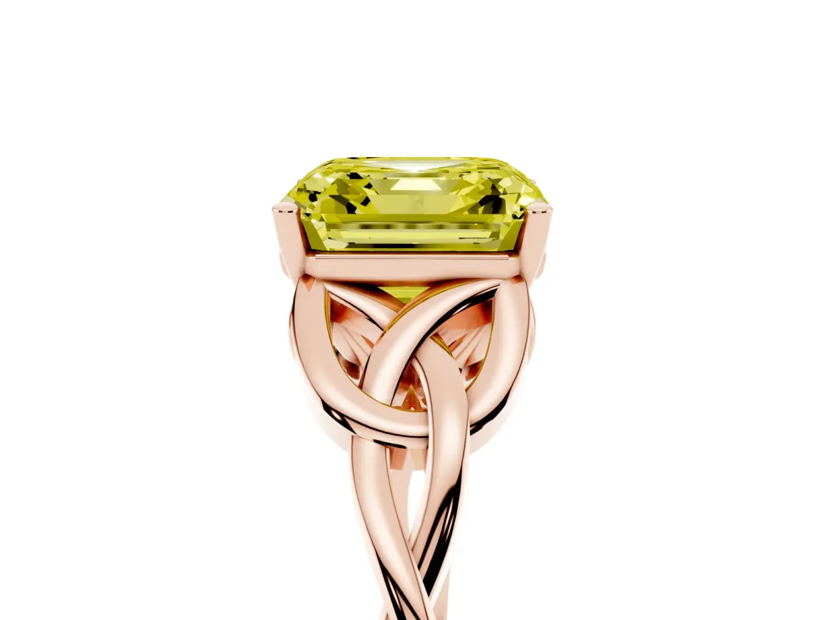 Fancy Yellow Asscher Cut Diamond Solitaire Engagement Ring with Celtic Knot Band and Four-Prong Setting Rose gold