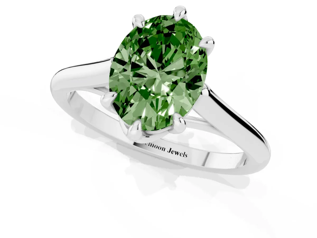 Fancy Green Oval Cut Solitaire Engagement Ring with Six-Prong Setting and Classic Band Platinum