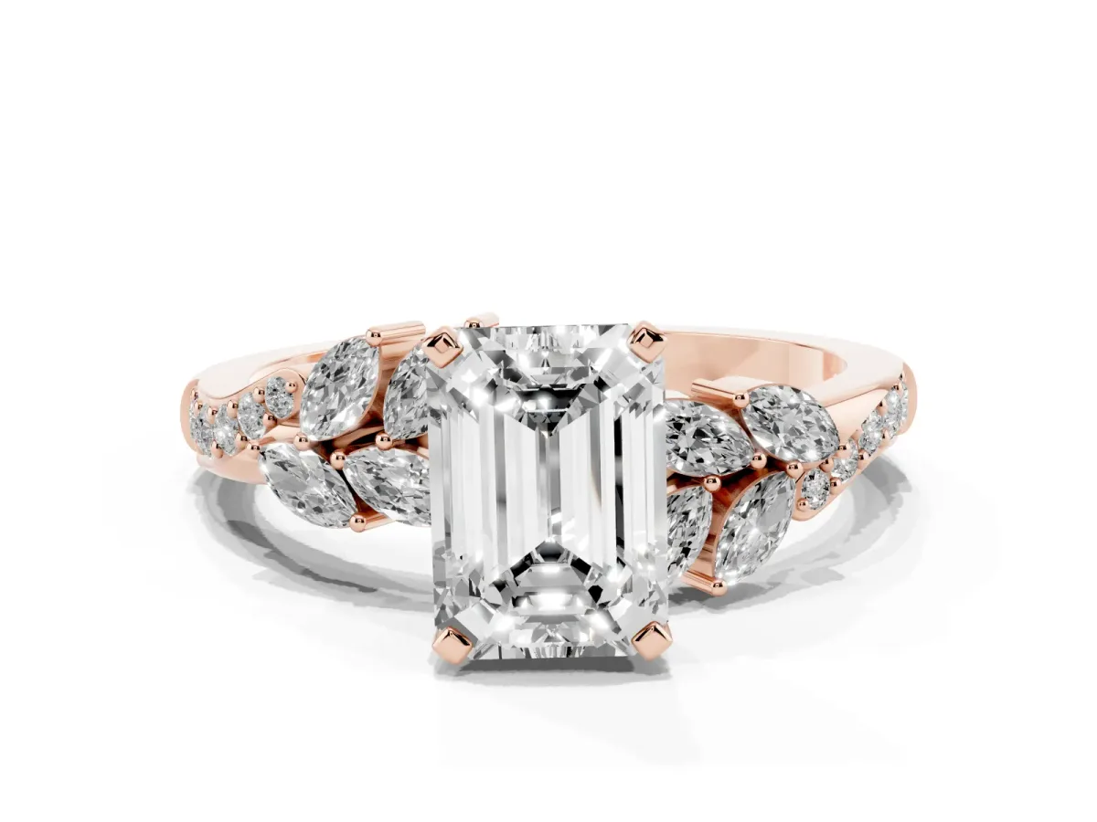 Emerald Cut Solitaire Marquise Twist Band with Six-Prong Setting Rose gold