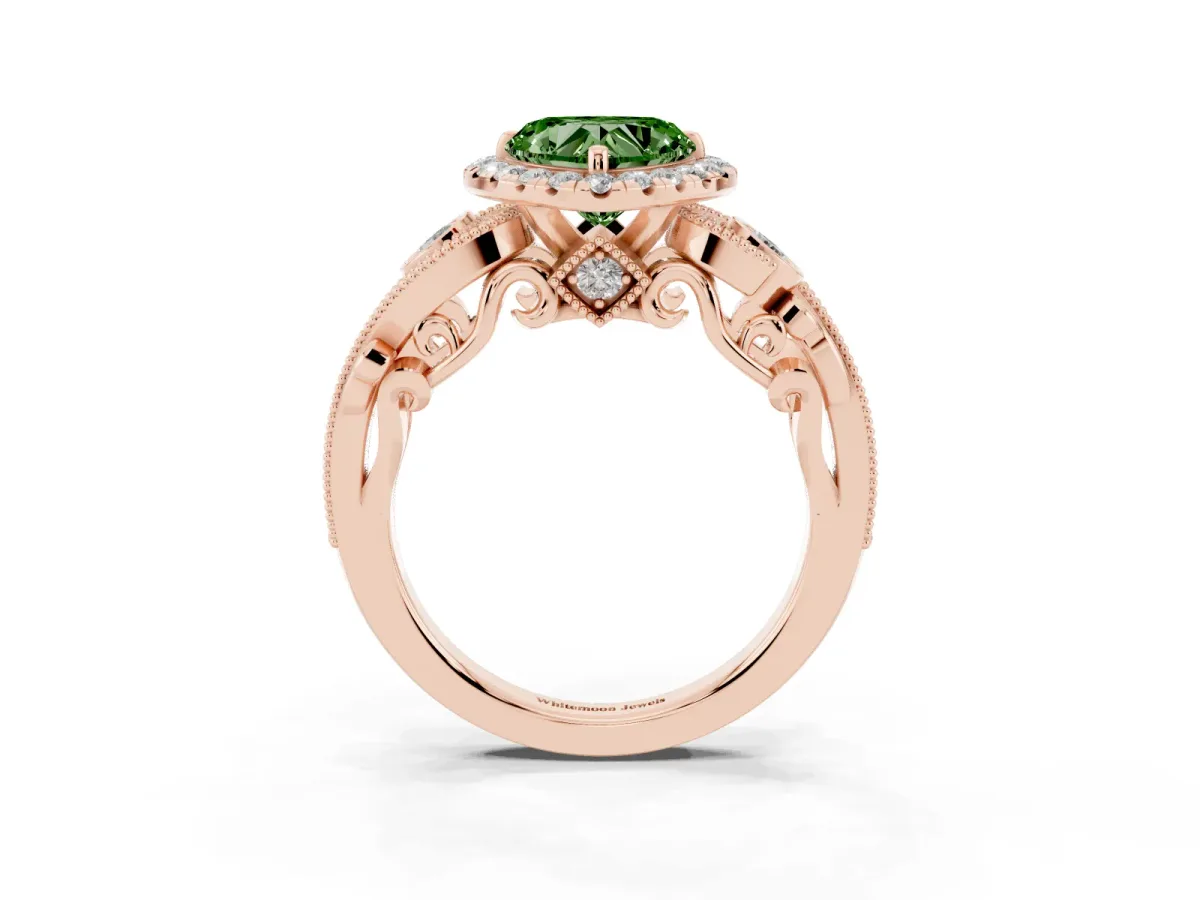 Fancy Green Heart Cut Halo Diamond Ring with Milgrain and Bezel Accents on a Split Shank Band Rose gold