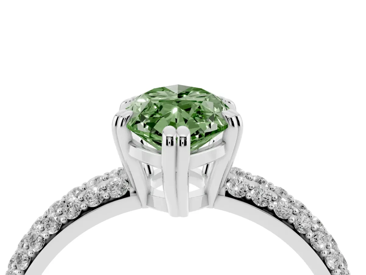 Fancy Green Marquise Cut Diamond Solitaire Ring with Multi-Row Round Pavé Band and Prong Setting Platinum