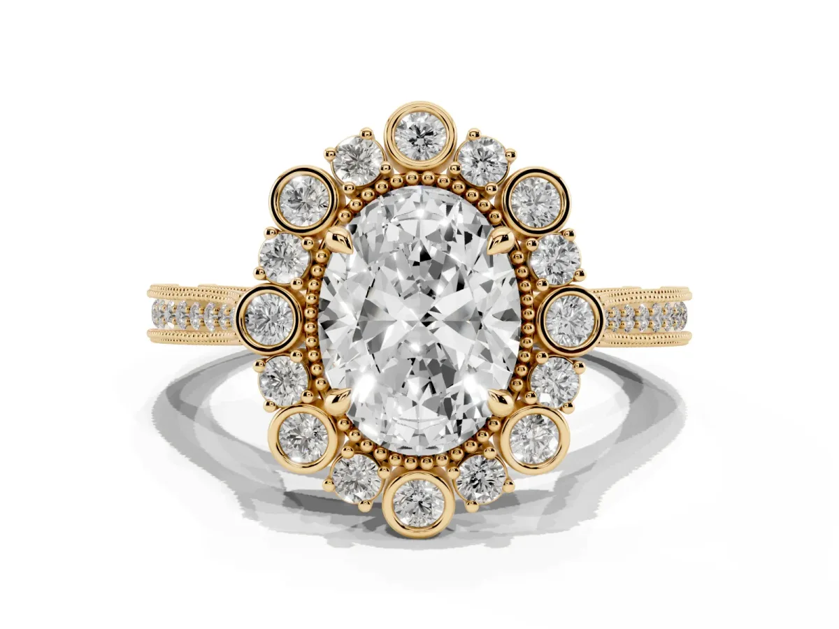 Oval Cut Halo Milgrain Pave Diamond Ring with Four-Prong Setting Yellow gold