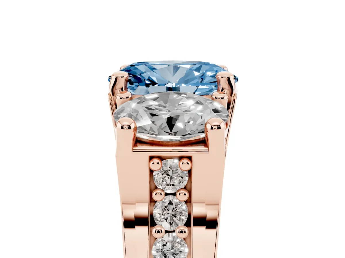 Fancy Blue Oval Cut Diamond Three-Stone Ring with Channel Set Band and Four-Prong Setting Rose gold