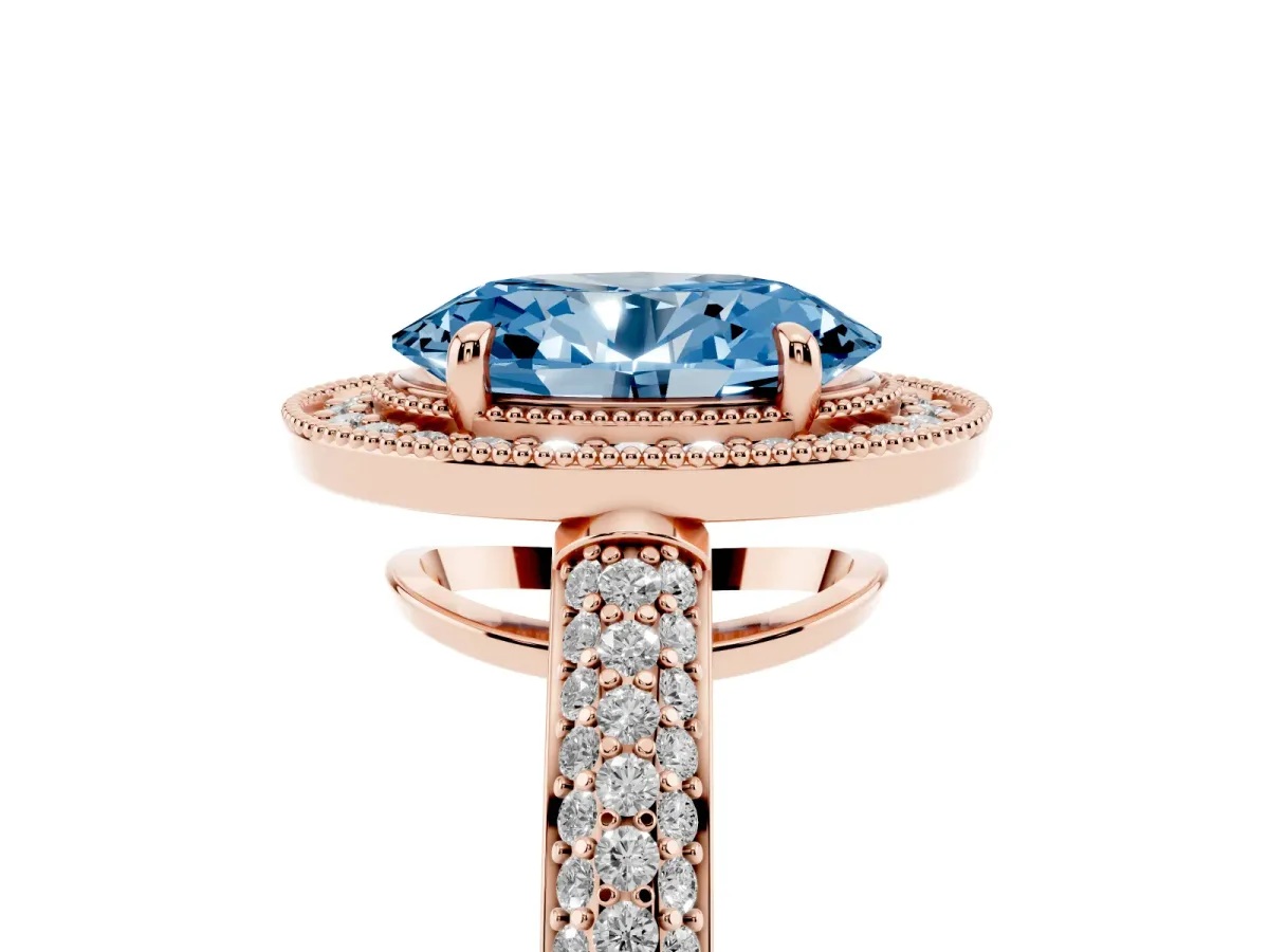 Fancy Blue Oval Cut Cut Halo Diamond Pave Band with Four-Prong Setting Rose gold