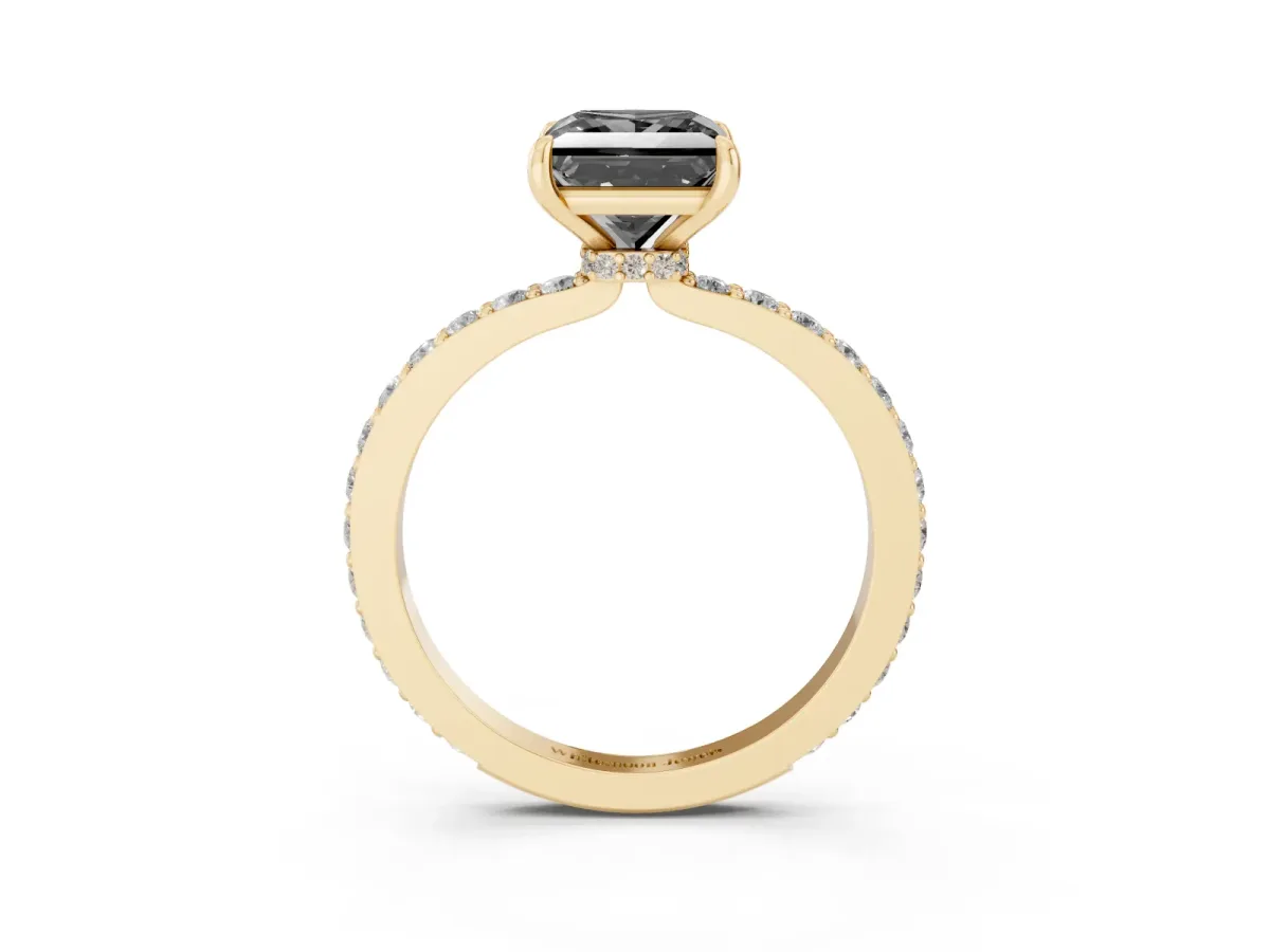Fancy Black Princess Cut Diamond Pavé Engagement Ring with Round Accents and Prong Setting Yellow gold