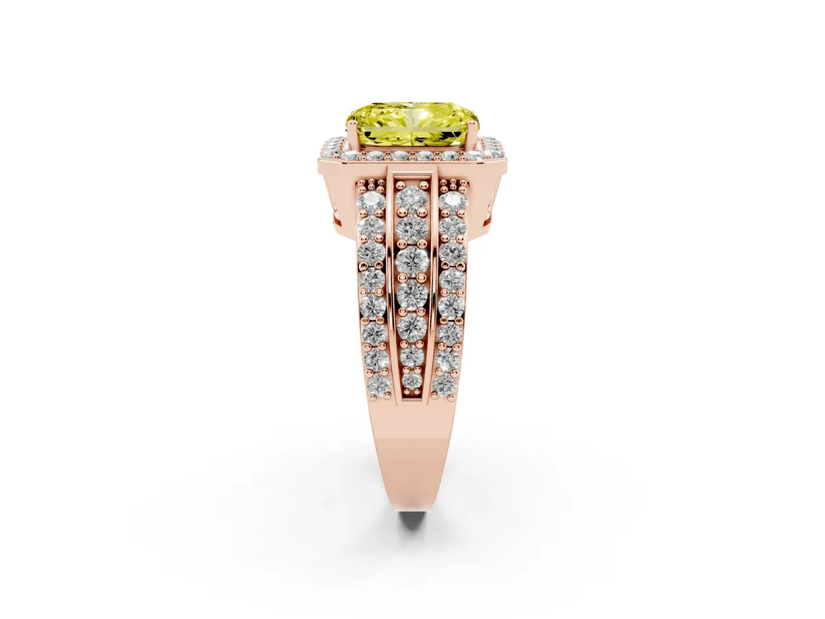 Fancy Yellow Radiant Cut Halo Diamond Ring with Round Split Shank and Prong Setting Rose gold