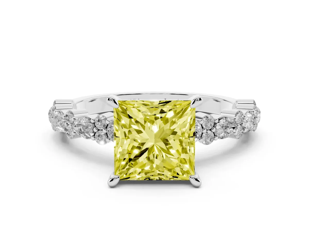 Fancy Yellow Princess Cut Diamond Side Stone Solitaire Ring with Round and Four-Prong Setting Silver
