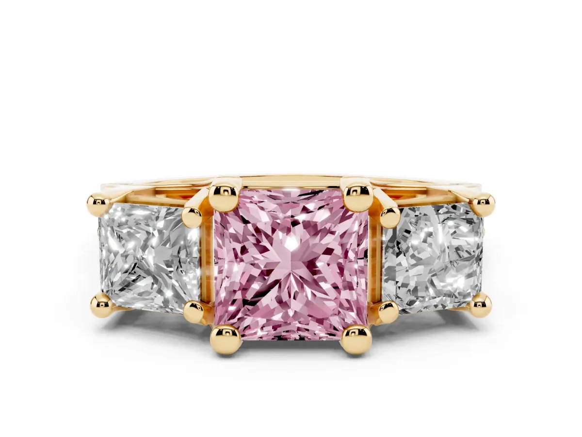 Fancy Pink Princess Cut Diamond Three-Stone Ring with Channel Set Band and Four-Prong Setting Yellow gold