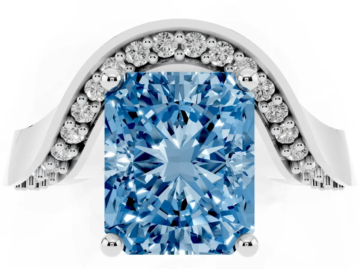 Fancy Blue Radiant Cut Solitaire Diamond Engagement Ring with Pave Band and Four-Prong Setting Platinum