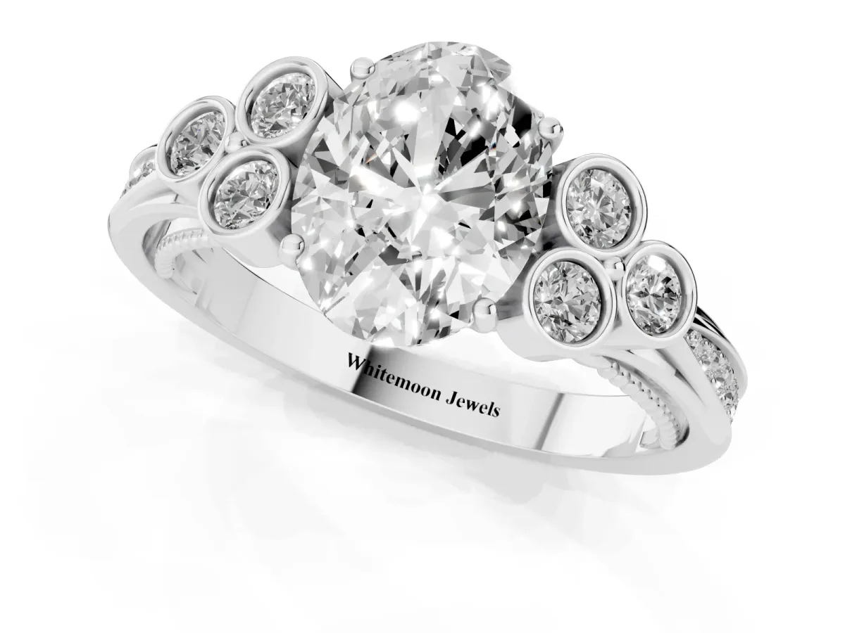 Oval Cut Cut Diamond Engagement Ring with Bezel Set Round Side Stones and Prong Setting Silver