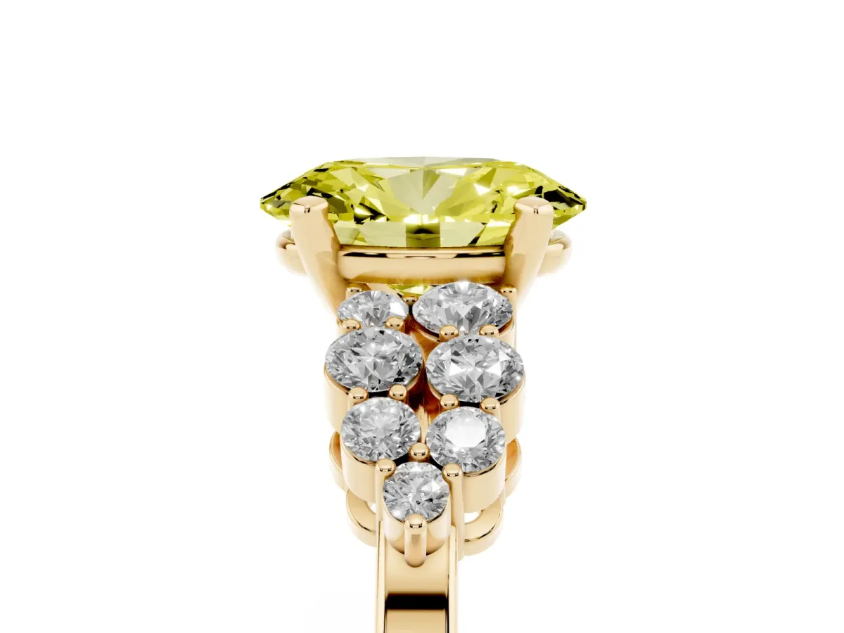 Fancy Yellow Oval Cut Cluster Diamond Engagement Ring with Pavé Band and Four-Prong Setting Yellow gold