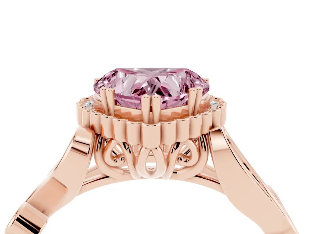 Fancy Pink Heart Cut Diamond Halo Ring with Vintage Split Shank and Four-Prong Setting Rose gold