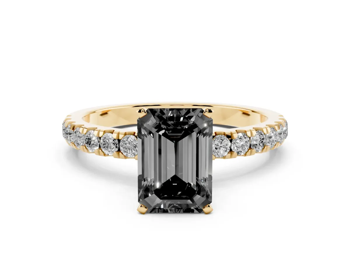 Fancy Black Emerald Cut Diamond Solitaire Ring with Pavé Accents and Four-Prong Setting Yellow gold