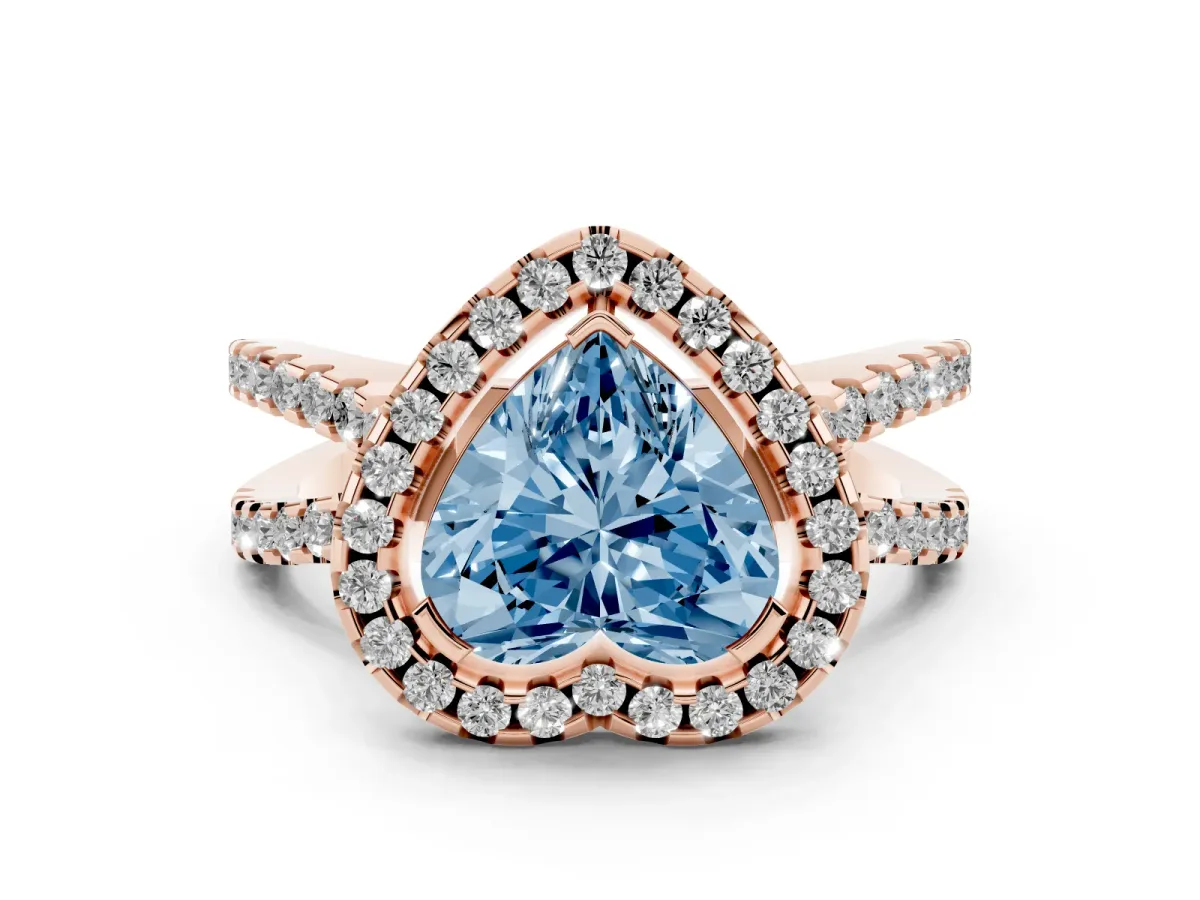 Fancy Blue Heart Cut Diamond Halo Ring with Split Shank Pavé Band and Prong Setting Rose gold