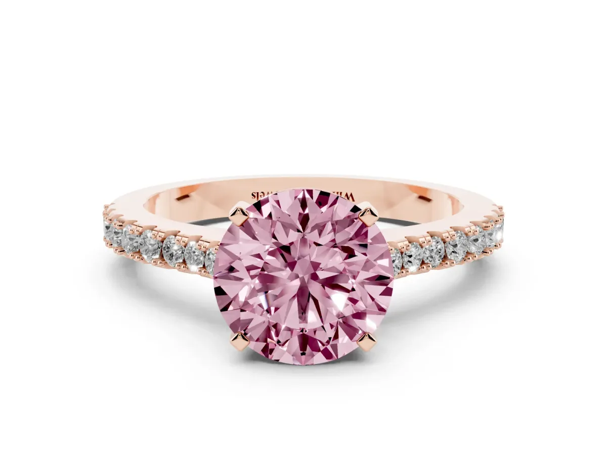 Fancy Pink Round Cut Cut Solitaire Diamond Engagement Ring with Pave Band and Four-Prong Setting Rose gold