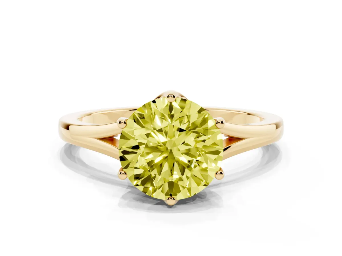 Fancy Yellow Round Cut Solitaire Diamond Ring with Six-Prong Setting and Tapered Band Yellow gold