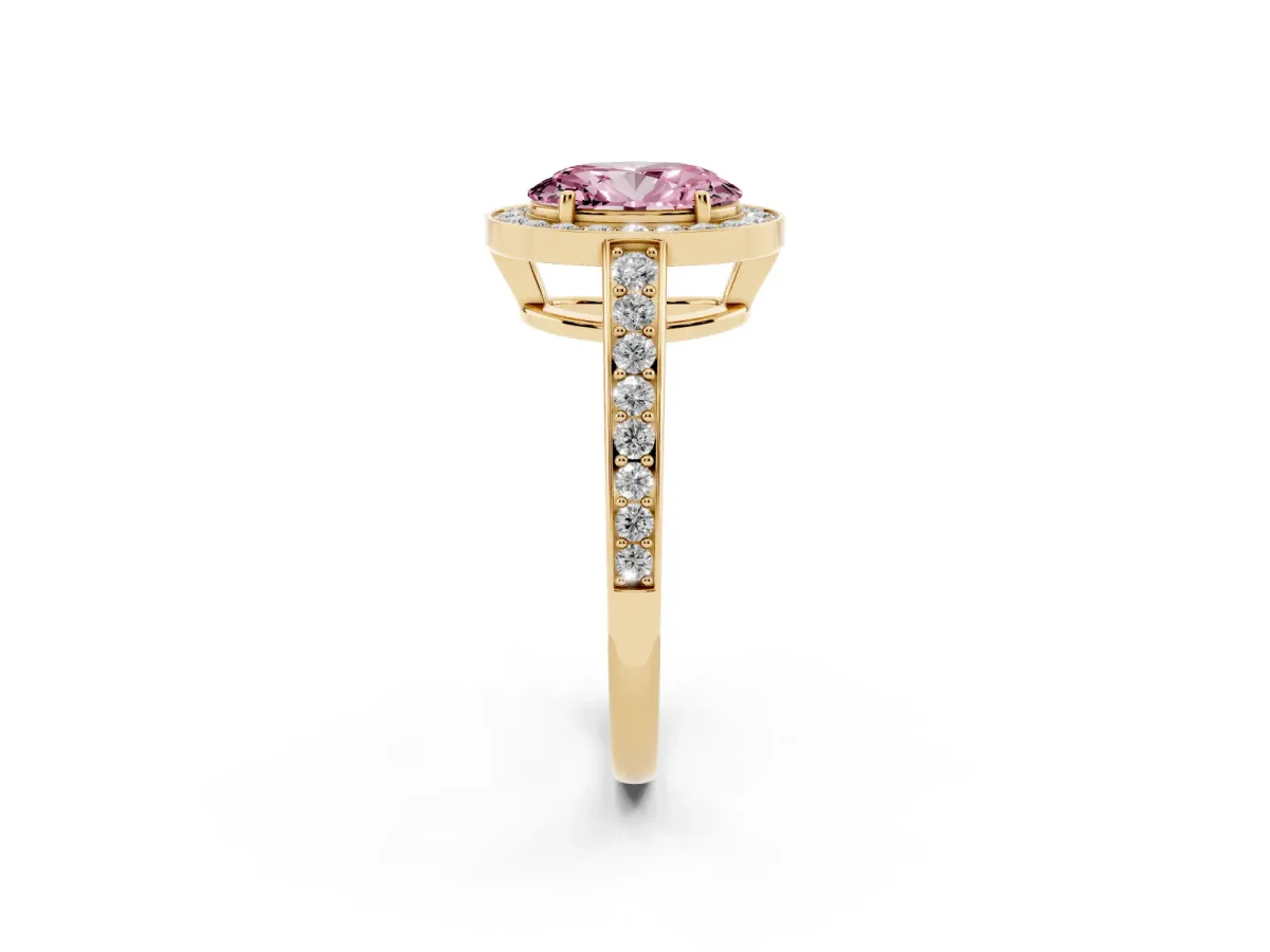 Fancy Pink Oval Cut Halo Pavé Diamond Engagement Ring with Bezel Setting Yellow gold