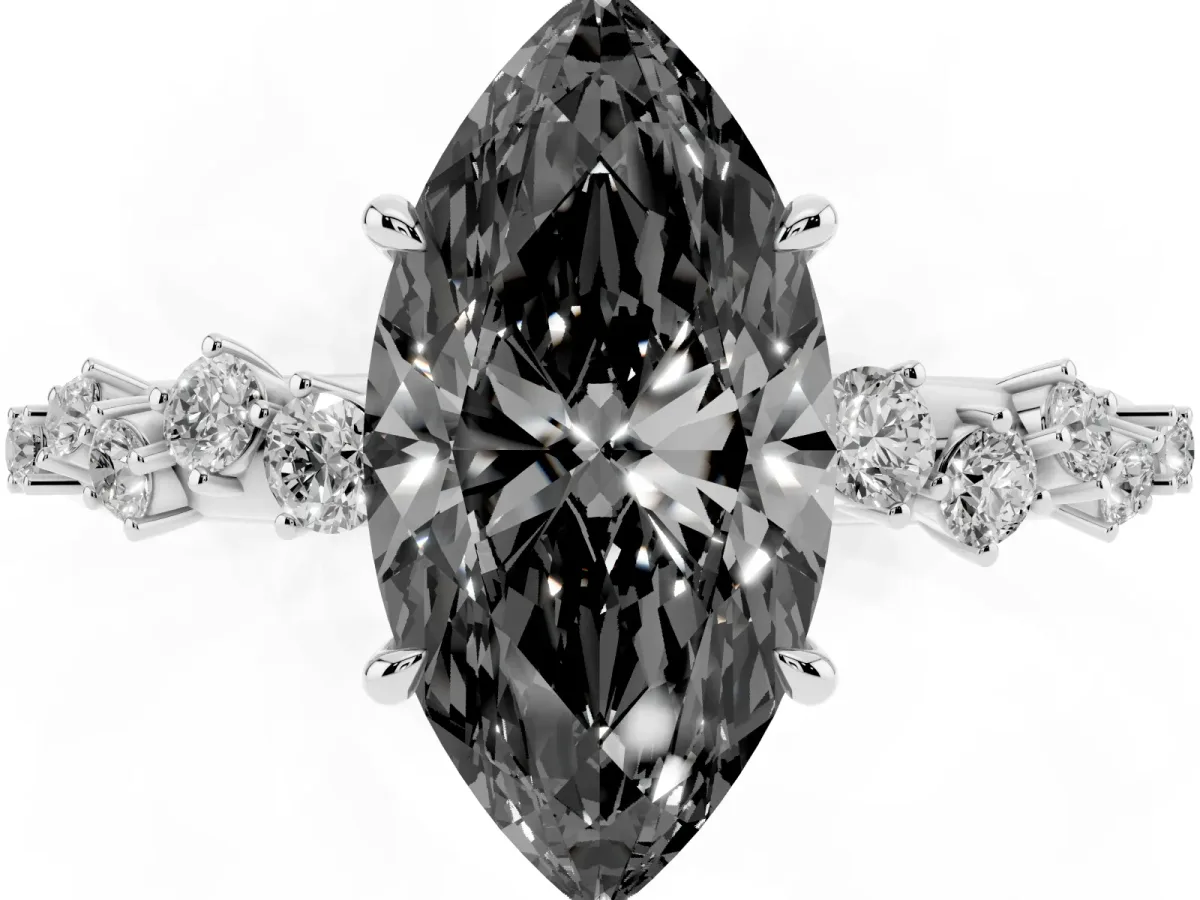 Fancy Black Marquise Cut Diamond Cluster Side Stone Solitaire Ring with Prong Setting Silver