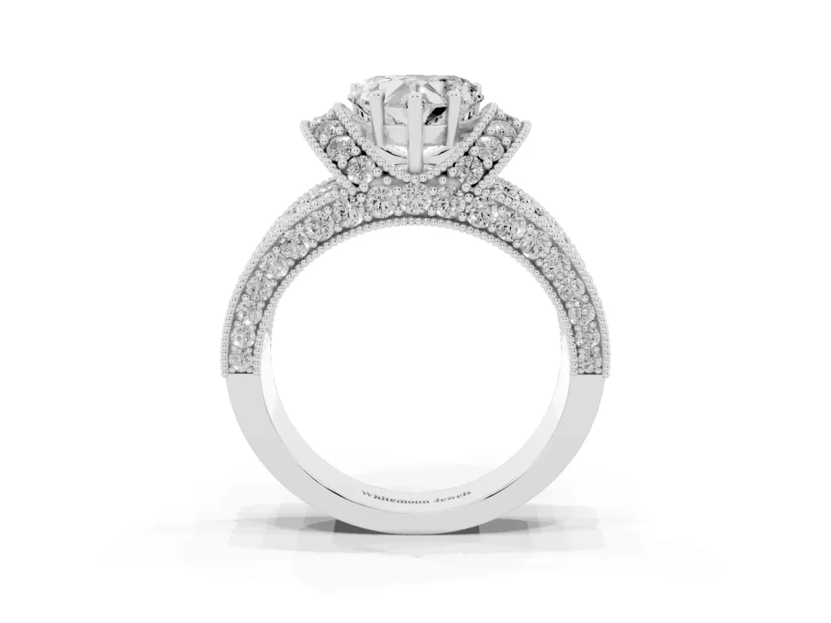 Heart Cut Halo Pave Diamond Engagement Ring with Milgrain Detailing Silver