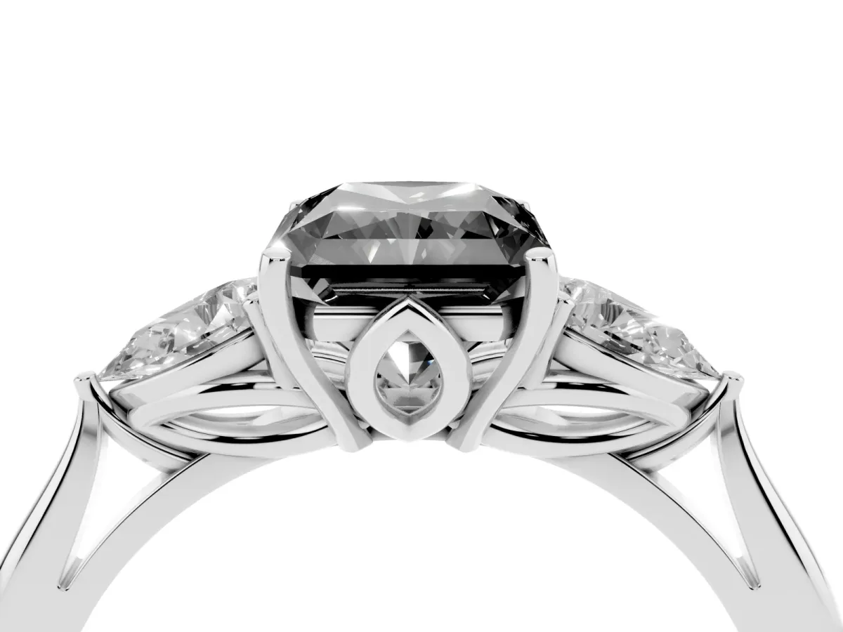 Fancy Black Three-Stone Radiant Cut Brilliant Diamond Solitaire Ring with Tapered Band and Four-Prong Setting Silver