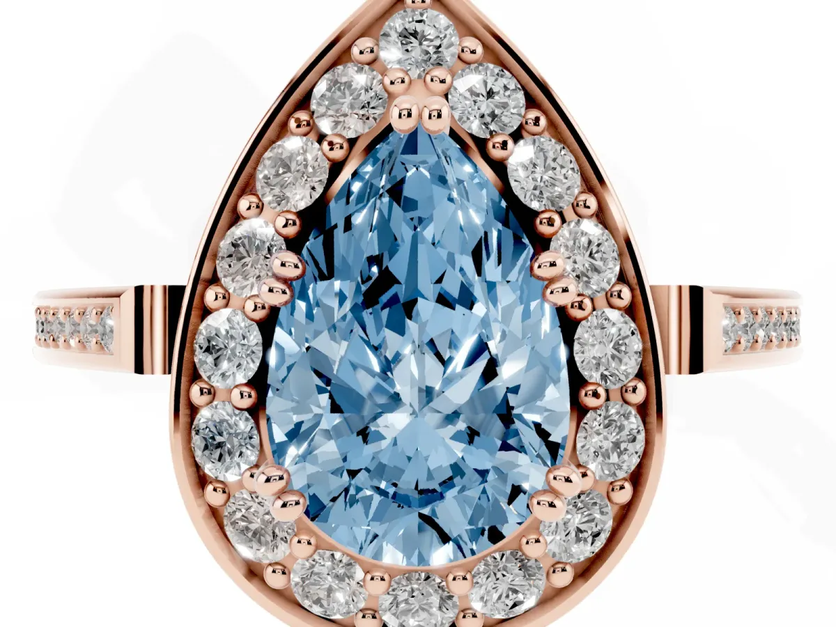Fancy Blue Pear Cut Diamond Halo Ring with Split Shank and Four-Prong Setting Rose gold