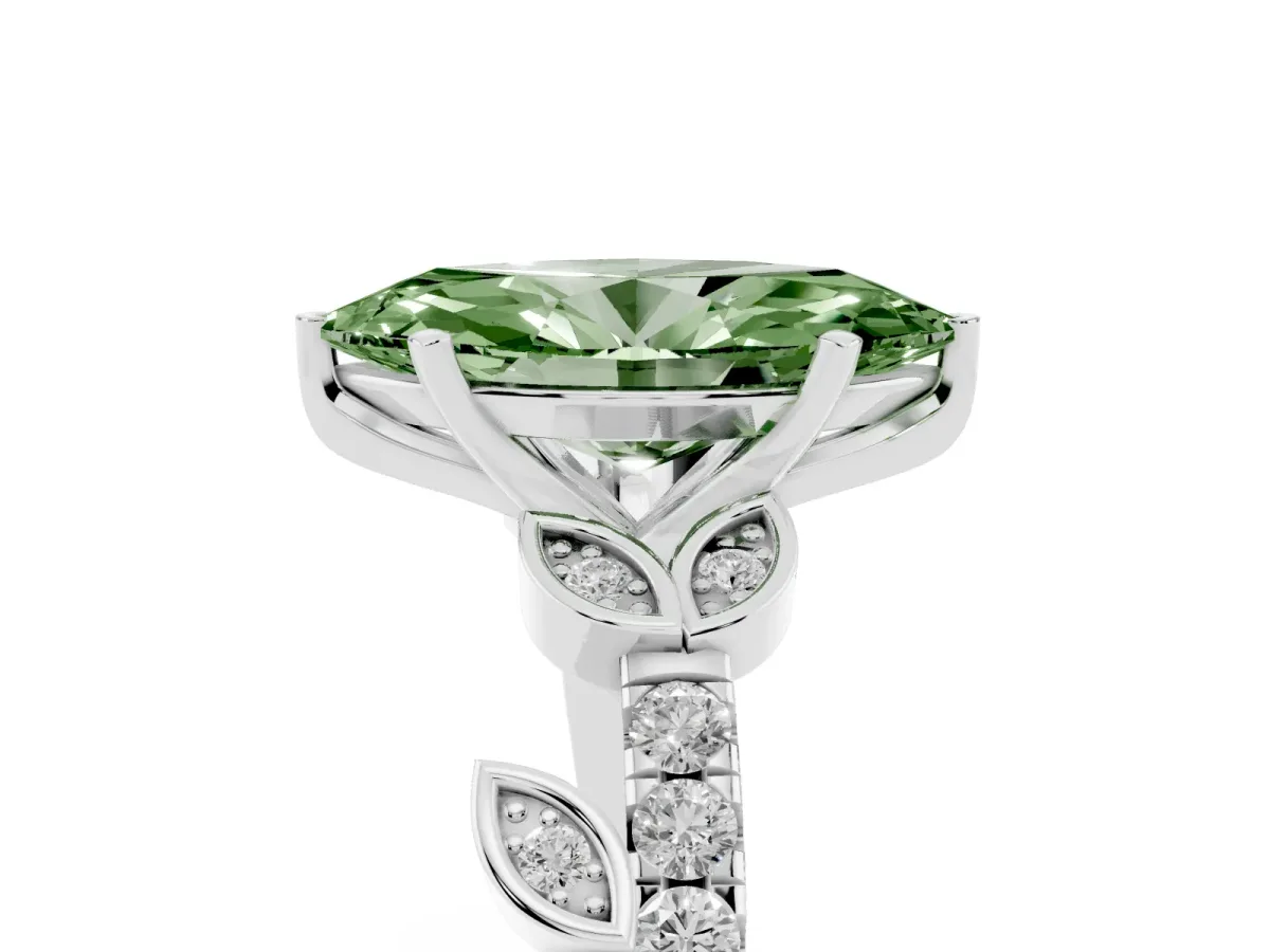 Fancy Green Marquise Cut Solitaire Leaf-Inspired Diamond Ring with Pavé Band and Four-Prong Setting Silver