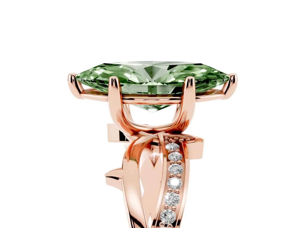 Fancy Green Marquise Cut Solitaire Twist Band with Pavé Accents and Four-Prong Setting Rose gold