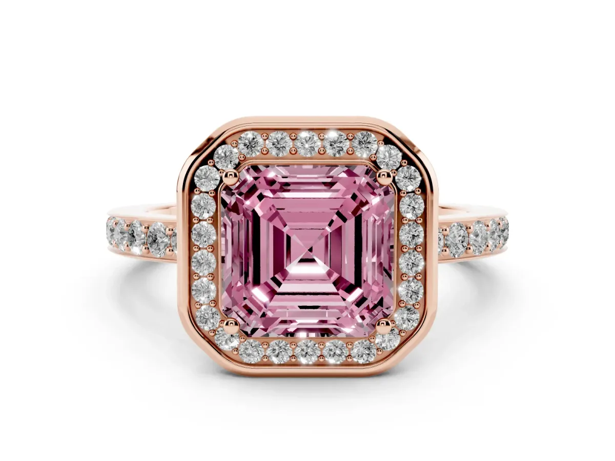 Fancy Pink Asscher Cut Diamond Halo Ring with Bezel Frame and Pavé Band Rose gold