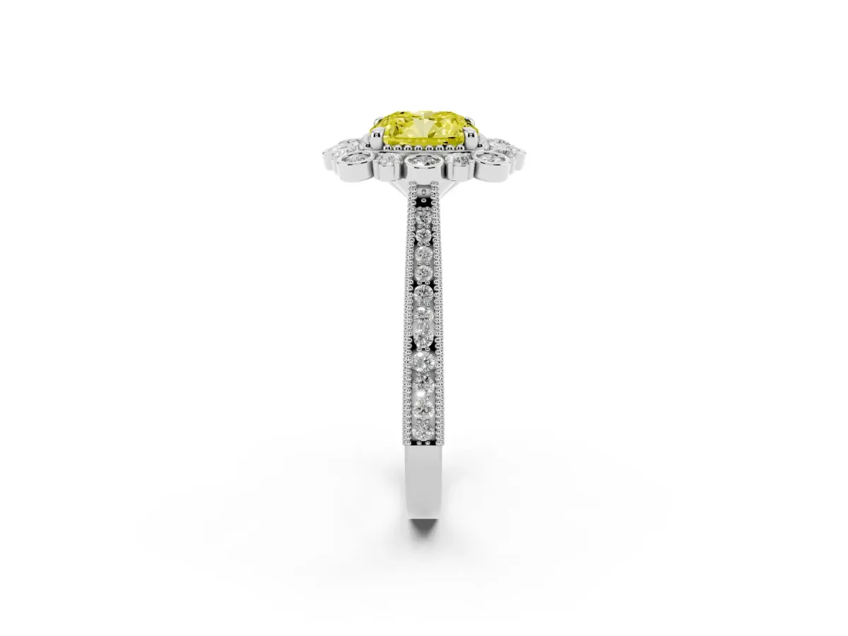 Fancy Yellow Cushion Cut Halo Milgrain Pave Diamond Ring with Four-Prong Setting Silver