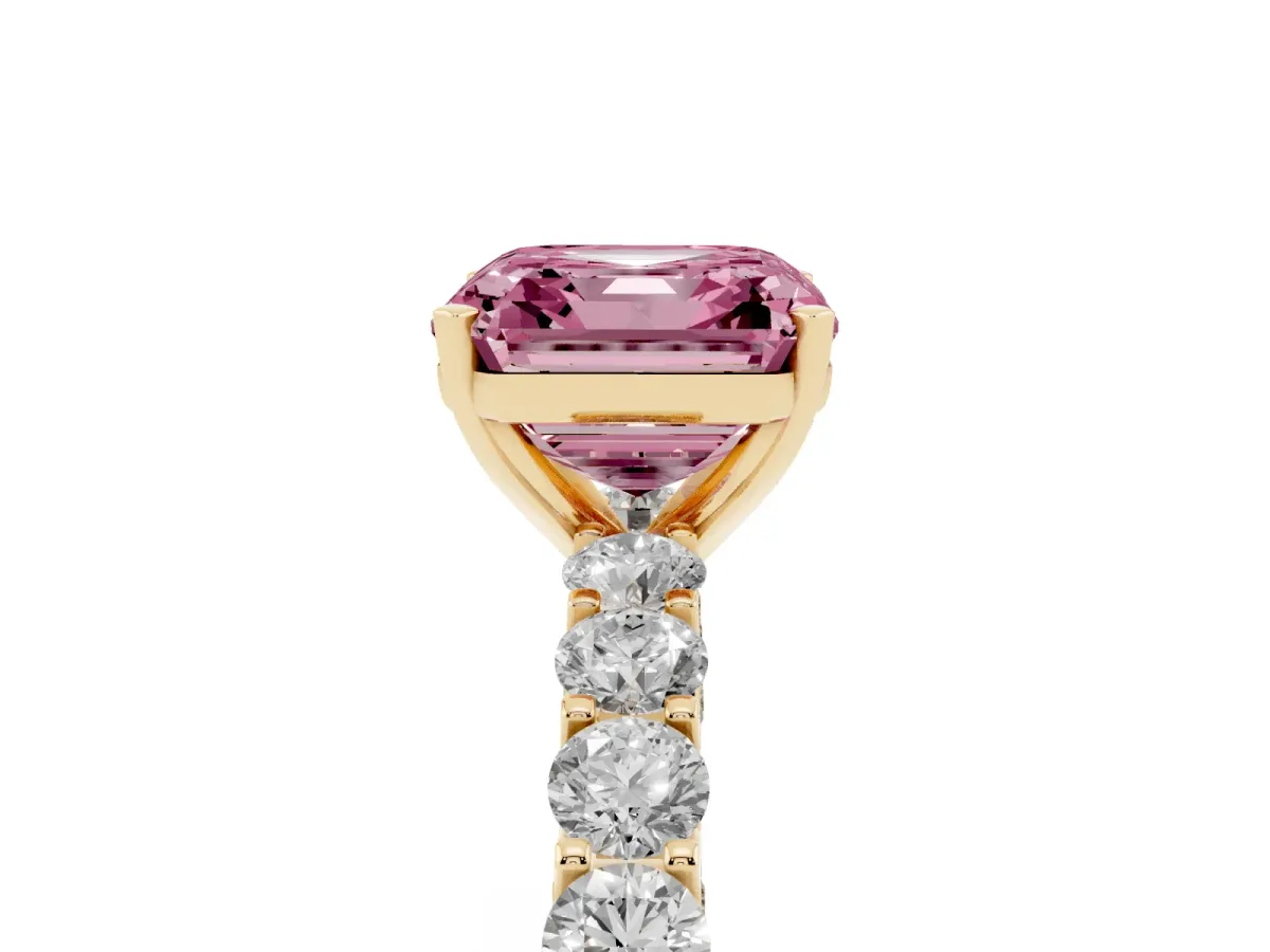 Fancy Pink Asscher Cut Diamond Solitaire Ring with Shared Prong Pavé Band and Four-Prong Setting Yellow gold
