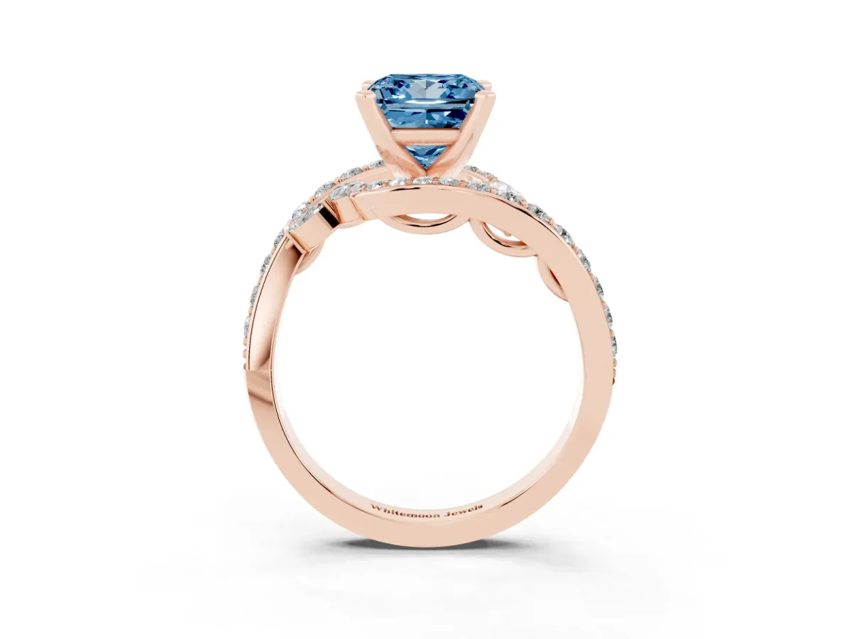 Fancy Blue Princess Cut Solitaire with Pavé Twist Band and Four-Prong Setting Rose gold
