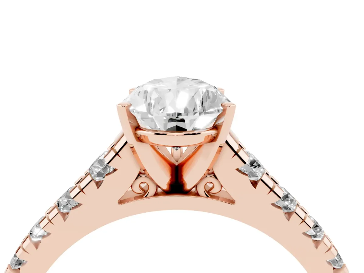 Pear Cut Diamond Cathedral Solitaire Ring with Round Pavé Band Rose gold