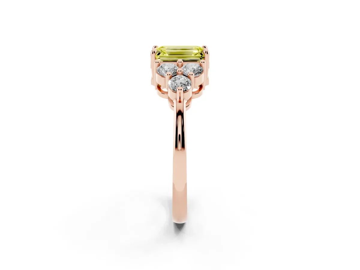Fancy Yellow Emerald Cut Brilliant Diamond Cluster Accent Solitaire Ring with Prong Setting Rose gold