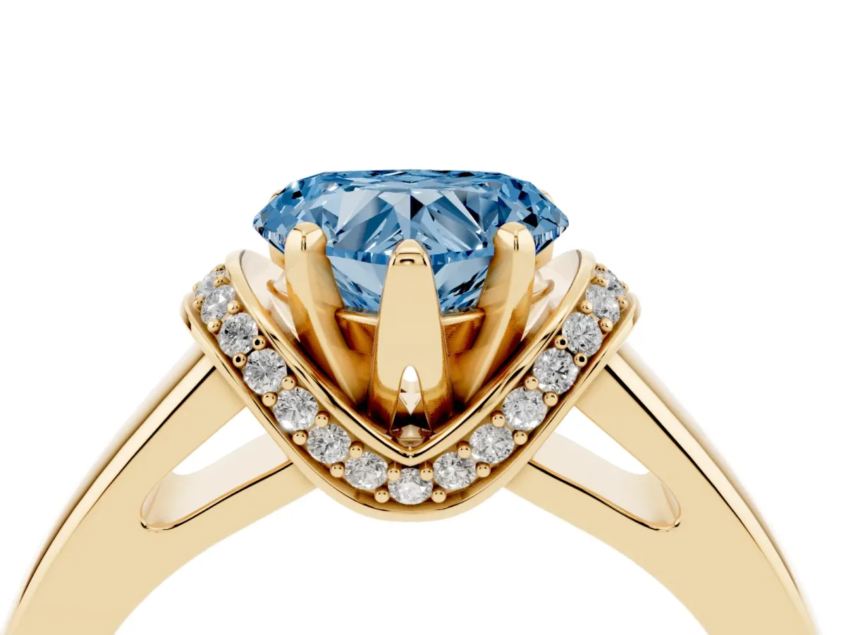 Fancy Blue Heart Cut Solitaire Diamond Ring with Pave Band and Six-Prong Setting Yellow gold