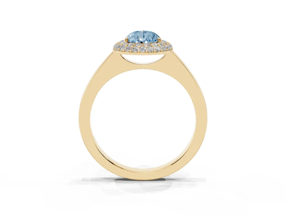 Fancy Blue Pear Cut Halo Diamond Engagement Ring with Solitaire Band and Four-Prong Setting Yellow gold