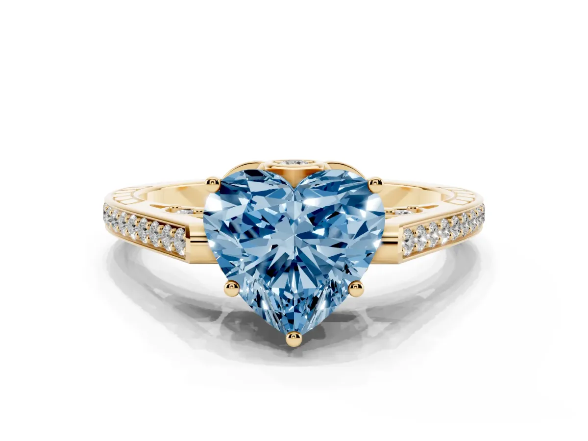 Fancy Blue Heart Cut Cut Cathedral Pave Diamond Engagement Ring with Six-Prong Setting Yellow gold